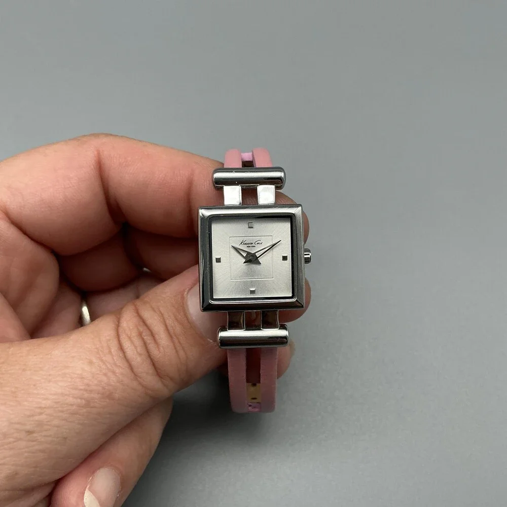 Kenneth Cole Womens Watch 20mm Silver Dial Pink Leather Square New Battery